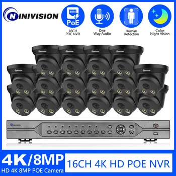 NINIVISION 8MP 4K POE Güvenlik Kameraları Sistemi 16CH NVR Kiti IP Kamera Renkli Gece Görüş Açık Ses Video Kaydedici Gözetim